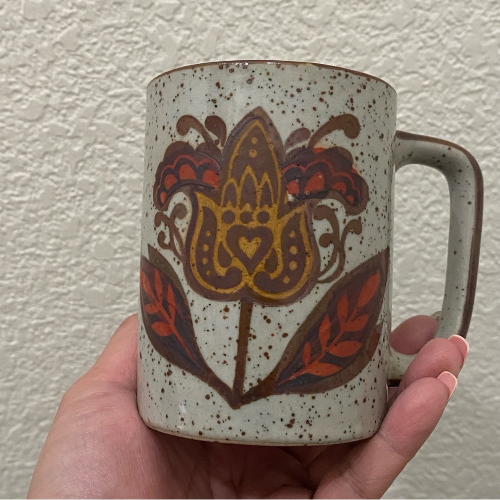 Lot 2 Vintage Otagiri Style Speckled Stoneware Rooster & Flower Mugs - Picture 7 of 13